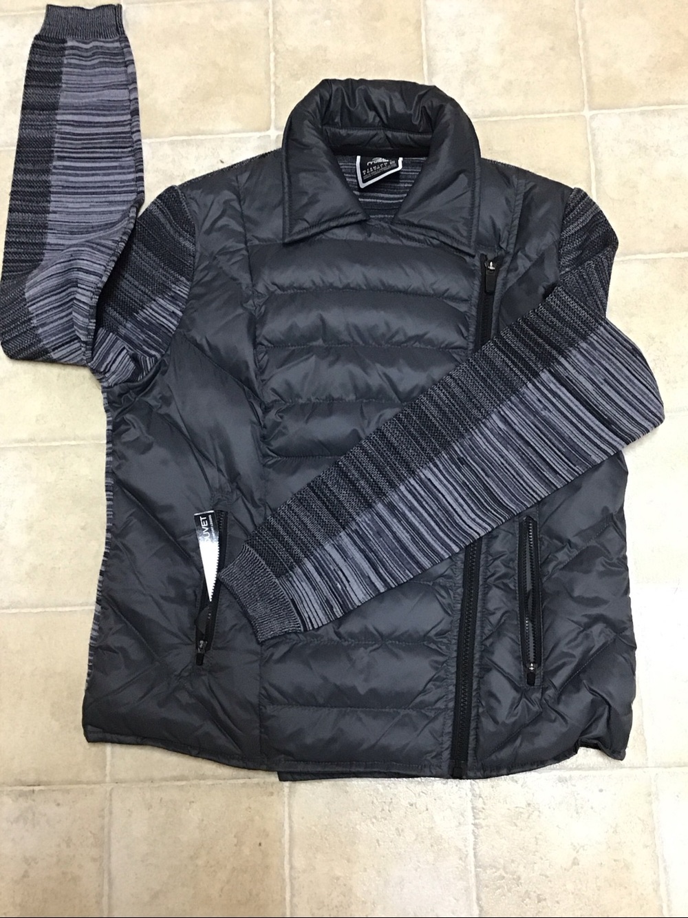 MPG  Cortez Moto Quilted Hybrid Puffer Jacket in Navy with Knit Sleeves Size M